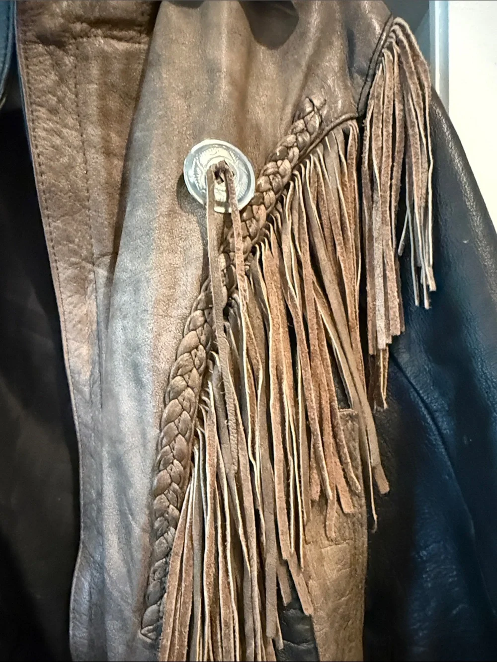 Fringed Two-Tone Leather Jacket - Brown & Black